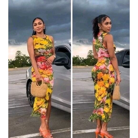 ZARA Bloggers Fave Flower Print Stretch Ruched Side Bodycon Midi Dress Small New - Picture 6 of 10